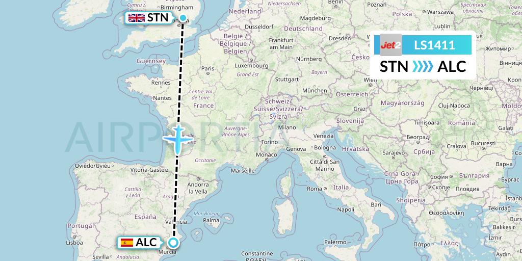 LS1411 Jet2 Flight Map: London to Alicante