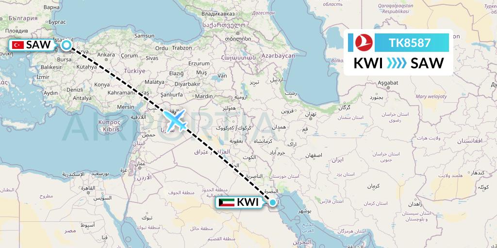 TK8587 Turkish Airlines Flight Map: Kuwait City to Istanbul