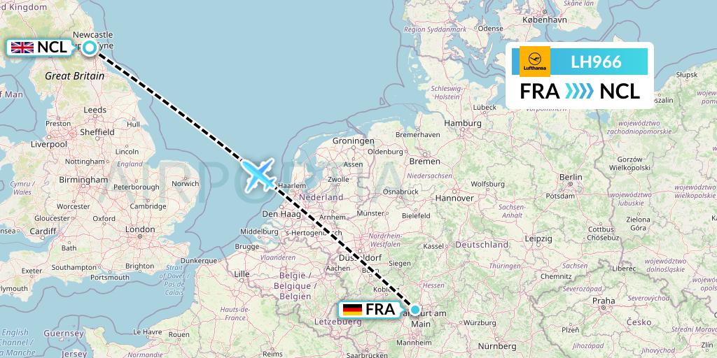 LH966 Lufthansa Flight Map: Frankfurt to Newcastle