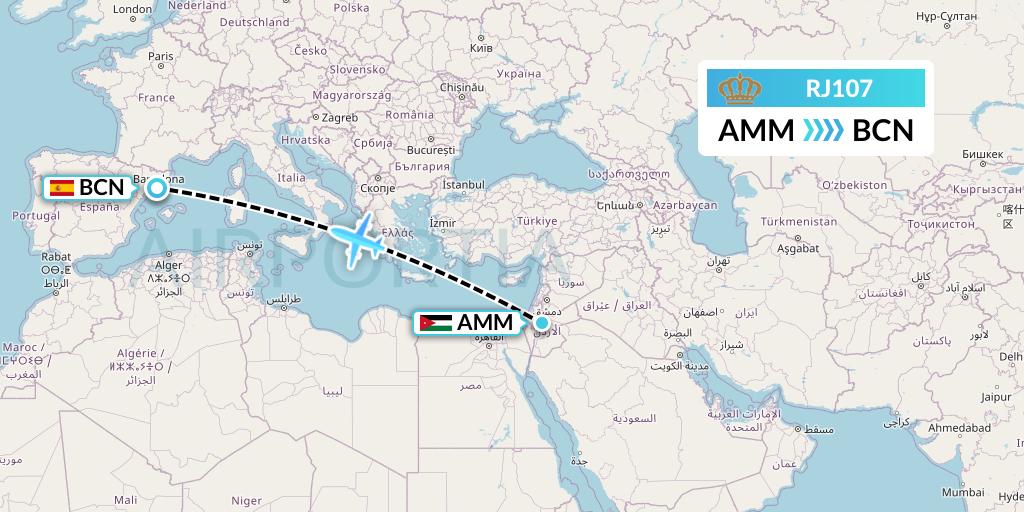 RJ107 Royal Jordanian Flight Map: Amman to Barcelona