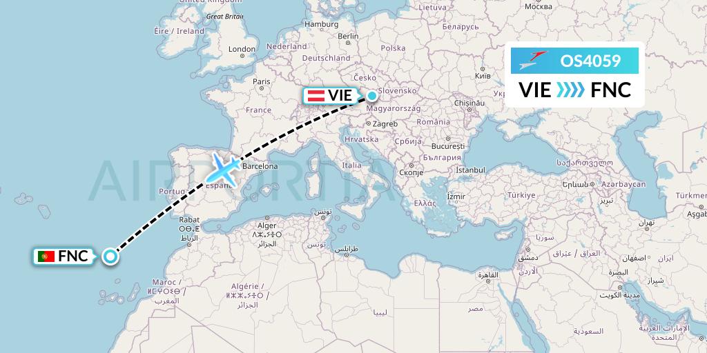 OS4059 Austrian Airlines Flight Map: Vienna to Funchal