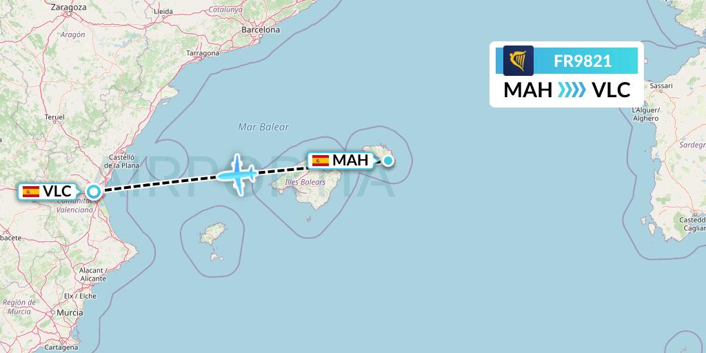 FR9821 Ryanair Flight Map: Mahon to Valencia
