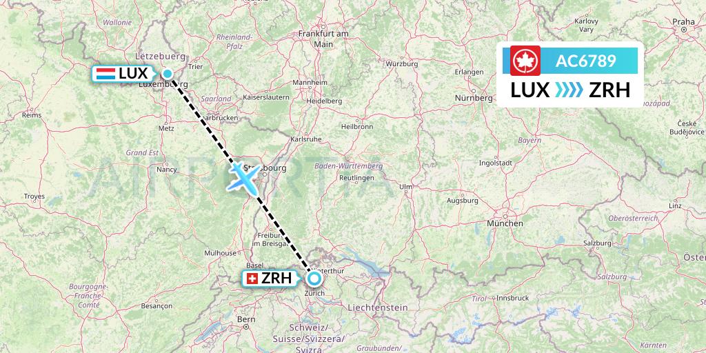 AC6789 Air Canada Flight Map: Luxembourg to Zurich