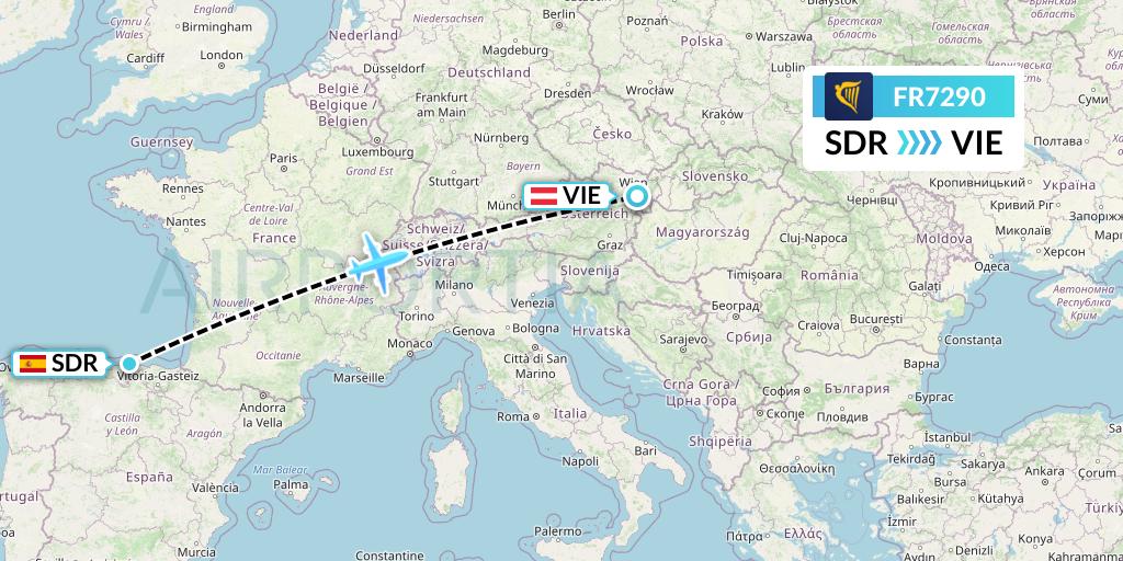 FR7290 Ryanair Flight Map: Santander to Vienna