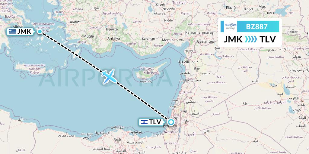 BZ887 Bluebird Airways Flight Map: Mykonos to Tel Aviv