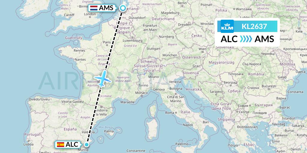 KL2637 KLM Flight Map: Alicante to Amsterdam