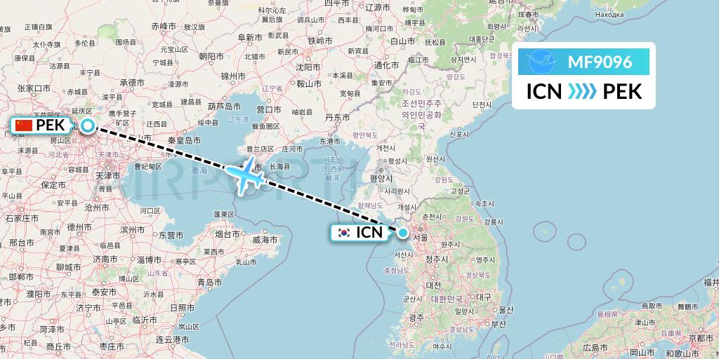 MF9096 Xiamen Airlines Flight Map: Seoul to Beijing