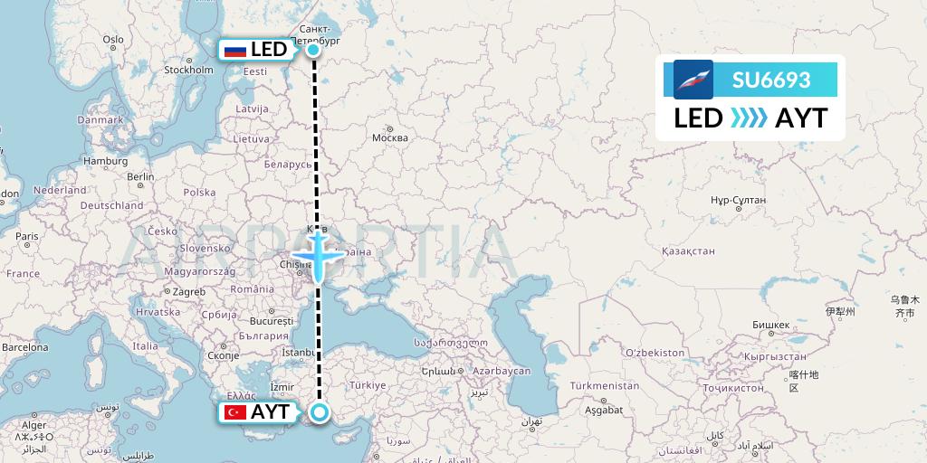 SU6693 Aeroflot Flight Map: St. Petersburg to Antalya