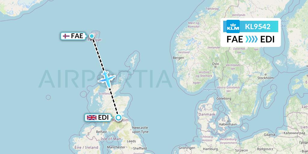 KL9542 KLM Flight Map: Vagar to Edinburgh