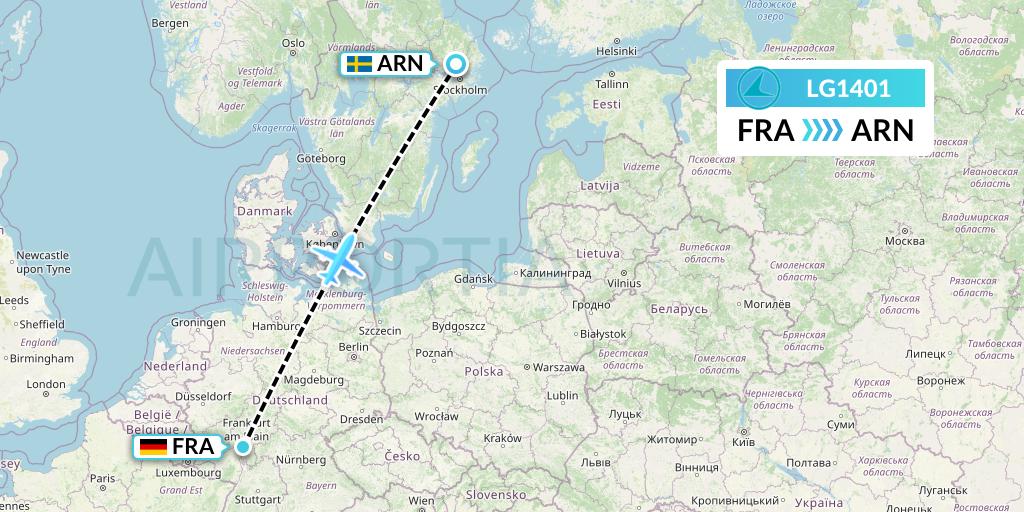 LG1401 Luxair Flight Map: Frankfurt to Stockholm