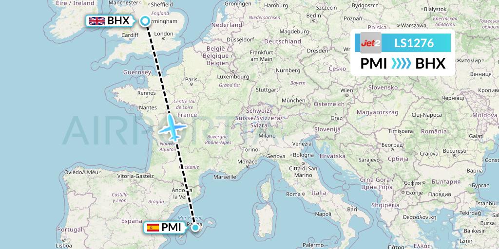 LS1276 Jet2 Flight Map: Palma de Mallorca to Birmingham