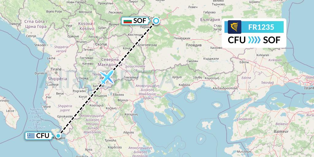 FR1235 Ryanair Flight Map: Corfu to Sofia