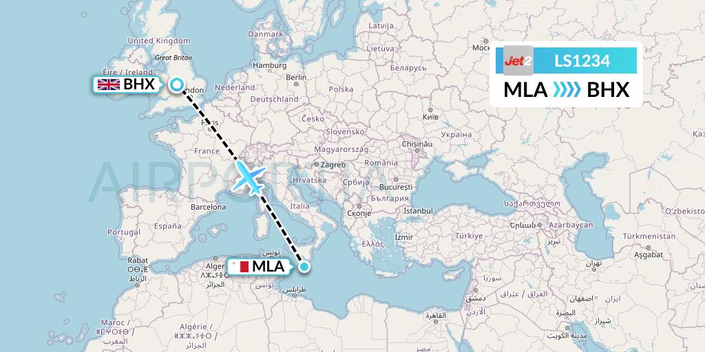 LS1234 Jet2 Flight Map: Malta to Birmingham