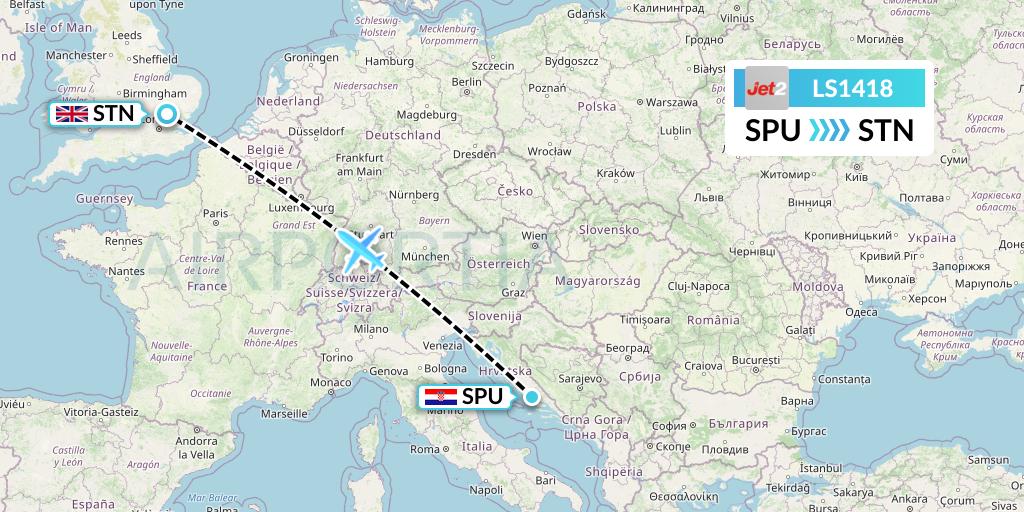 LS1418 Jet2 Flight Map: Split to London