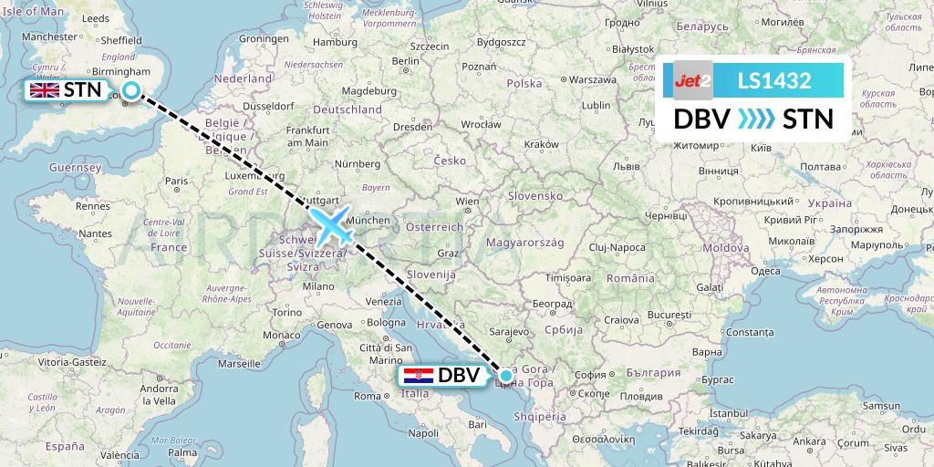 LS1432 Jet2 Flight Map: Dubrovnik to London