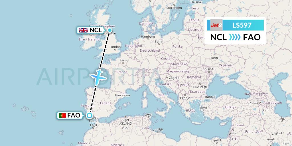 LS597 Jet2 Flight Map: Newcastle to Faro
