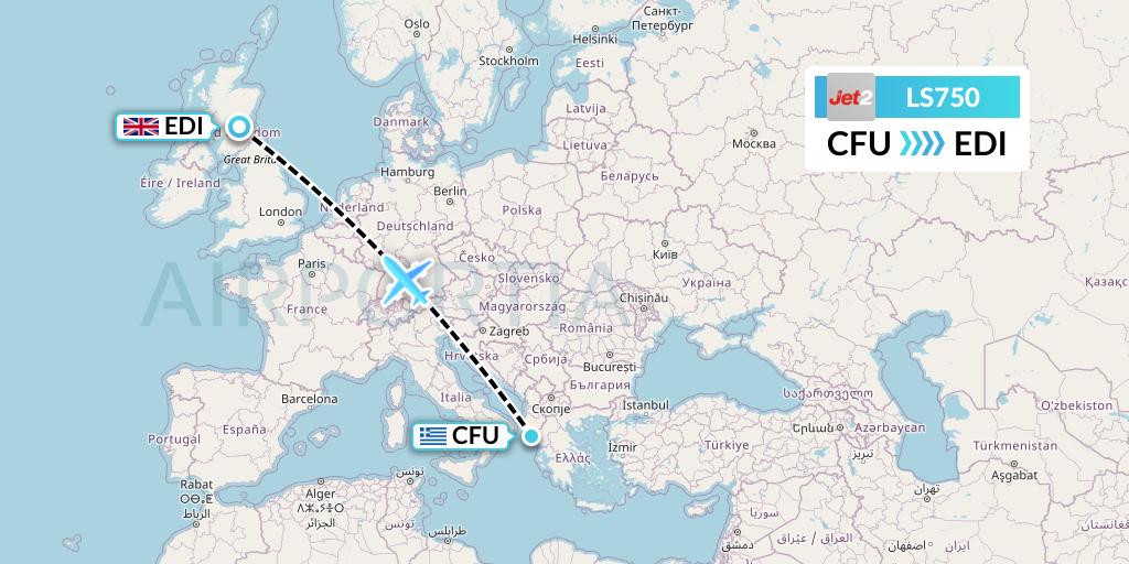 LS750 Jet2 Flight Map: Corfu to Edinburgh