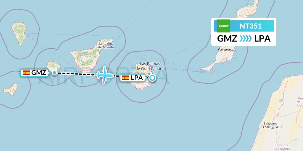 NT351 Binter Canarias Flight Map: La Gomera to Las Palmas