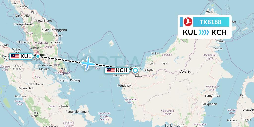 TK8188 Turkish Airlines Flight Map: Kuala Lumpur to Kuching