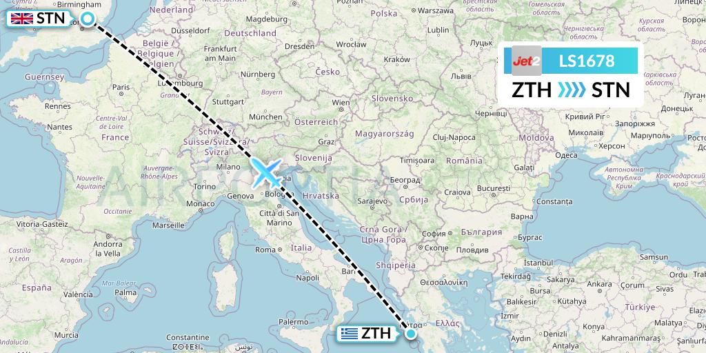 LS1678 Jet2 Flight Map: Zakynthos to London