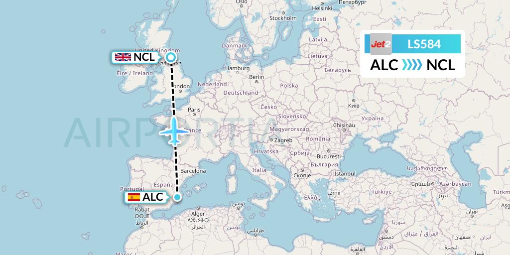 LS584 Jet2 Flight Map: Alicante to Newcastle