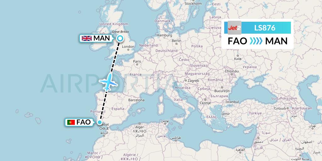 LS876 Jet2 Flight Map: Faro to Manchester