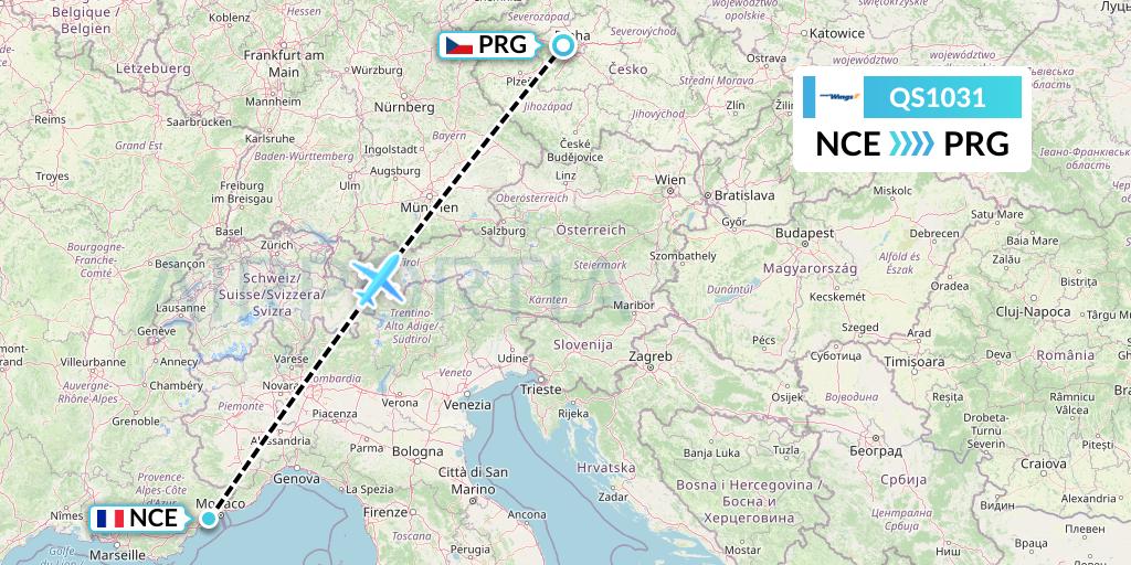 QS1031 Smartwings Flight Map: Nice to Prague