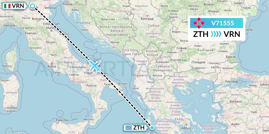 V71555 Volotea Flight Map: Zakynthos to Verona
