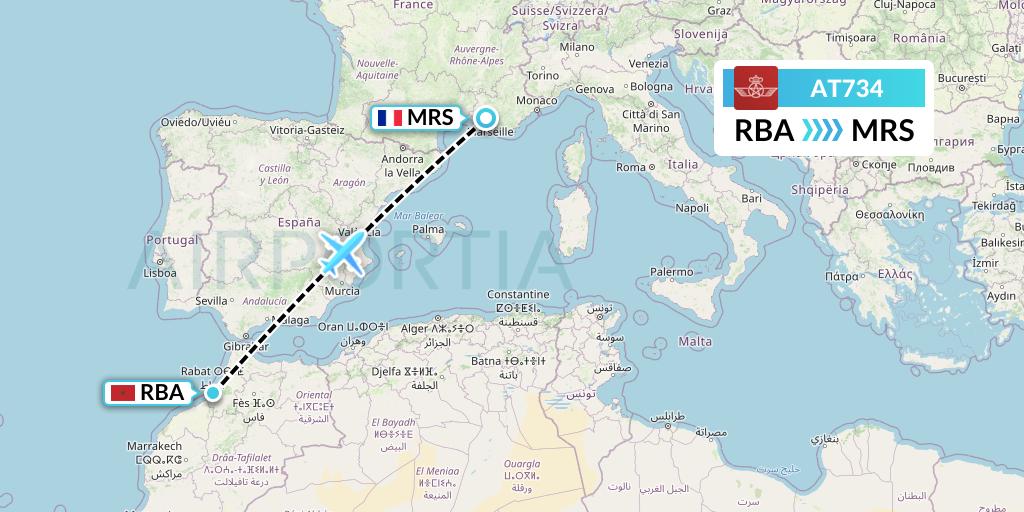 AT734 Royal Air Maroc Flight Map: Rabat to Marseille