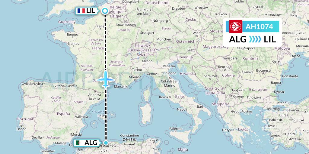 AH1074 Air Algerie Flight Map: Algiers to Lille