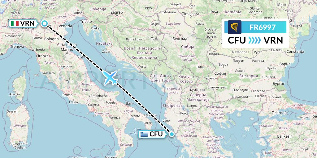FR6997 Ryanair Flight Map: Corfu to Verona
