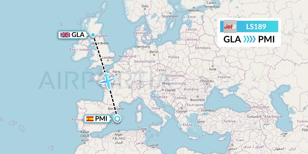 LS189 Jet2 Flight Map: Glasgow to Palma de Mallorca