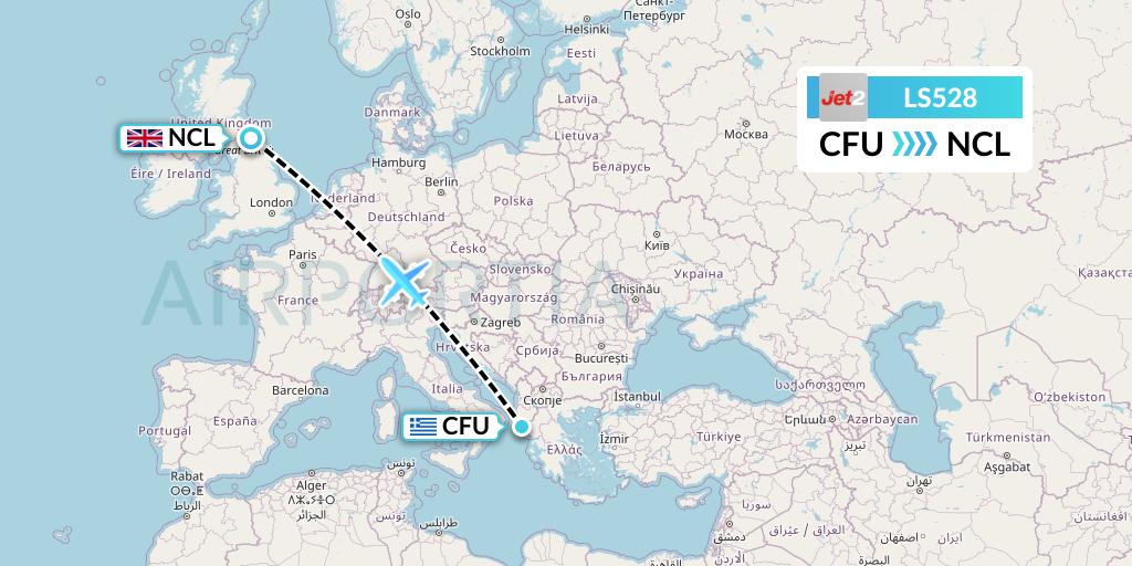 LS528 Jet2 Flight Map: Corfu to Newcastle