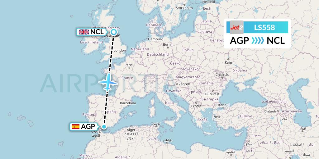 LS558 Jet2 Flight Map: Malaga to Newcastle