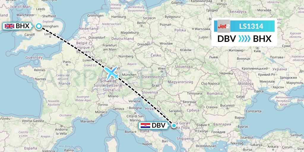 LS1314 Jet2 Flight Map: Dubrovnik to Birmingham