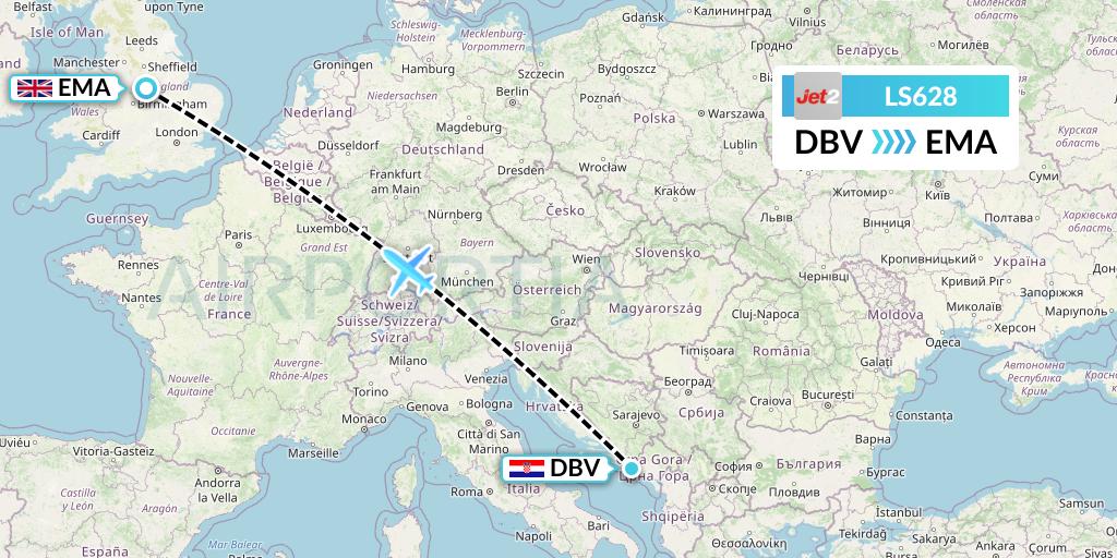 LS628 Jet2 Flight Map: Dubrovnik to East Midlands