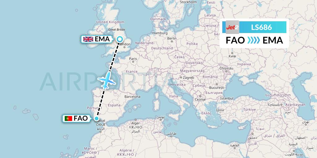 LS686 Jet2 Flight Map: Faro to East Midlands