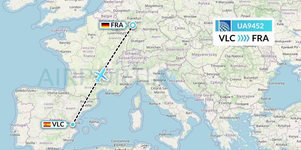 UA9452 United Airlines Flight Map: Valencia to Frankfurt