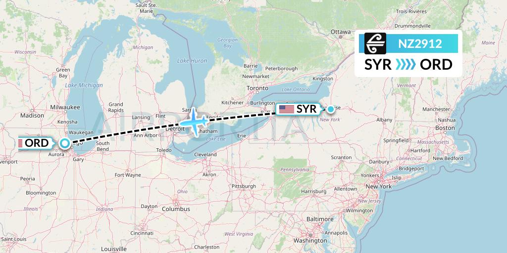 NZ2912 Air New Zealand Flight Map: Syracuse to Chicago