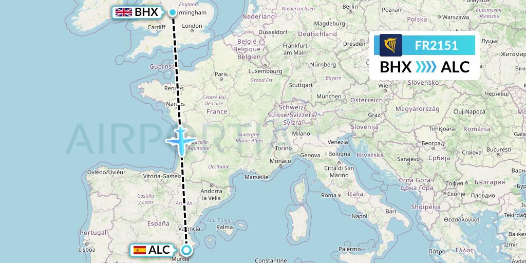 FR2151 Ryanair Flight Map: Birmingham to Alicante
