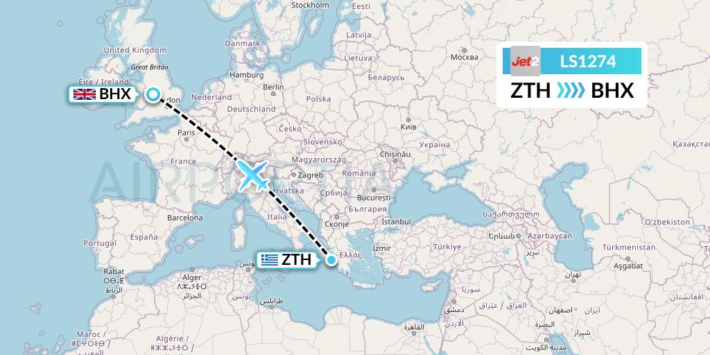 LS1274 Jet2 Flight Map: Zakynthos to Birmingham