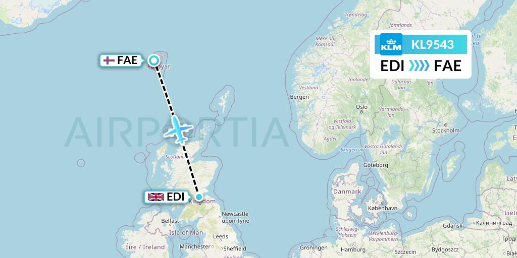 KL9543 KLM Flight Map: Edinburgh to Vagar