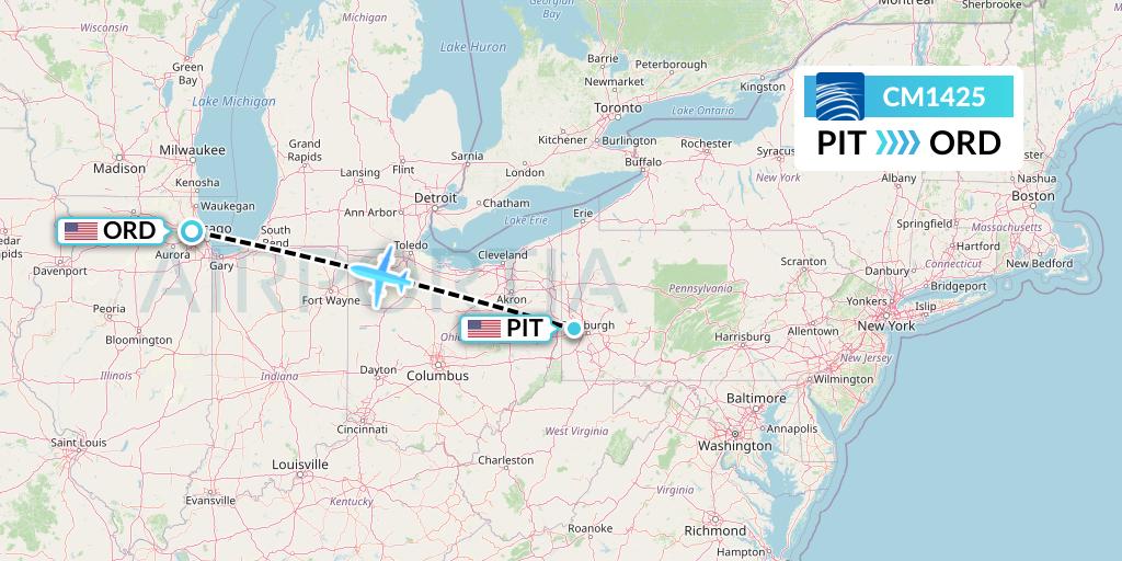 CM1425 Copa Airlines Flight Map: Pittsburgh to Chicago
