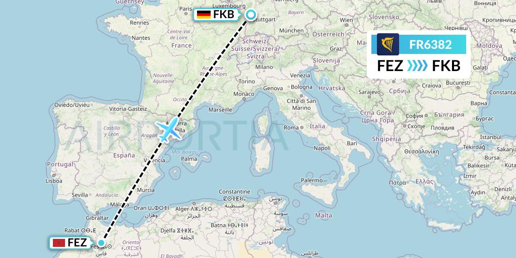 FR6382 Ryanair Flight Map: Fes to Karlsruhe/Baden-Baden