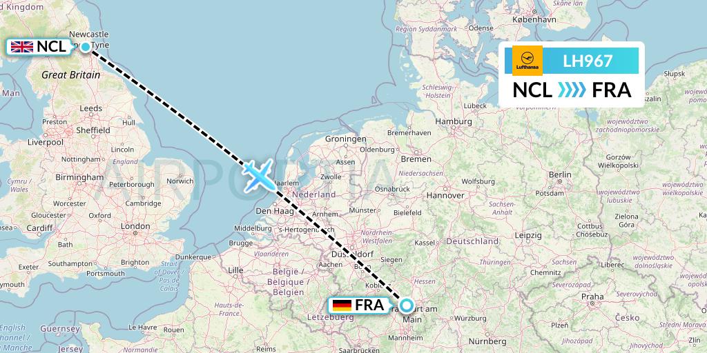 LH967 Lufthansa Flight Map: Newcastle to Frankfurt