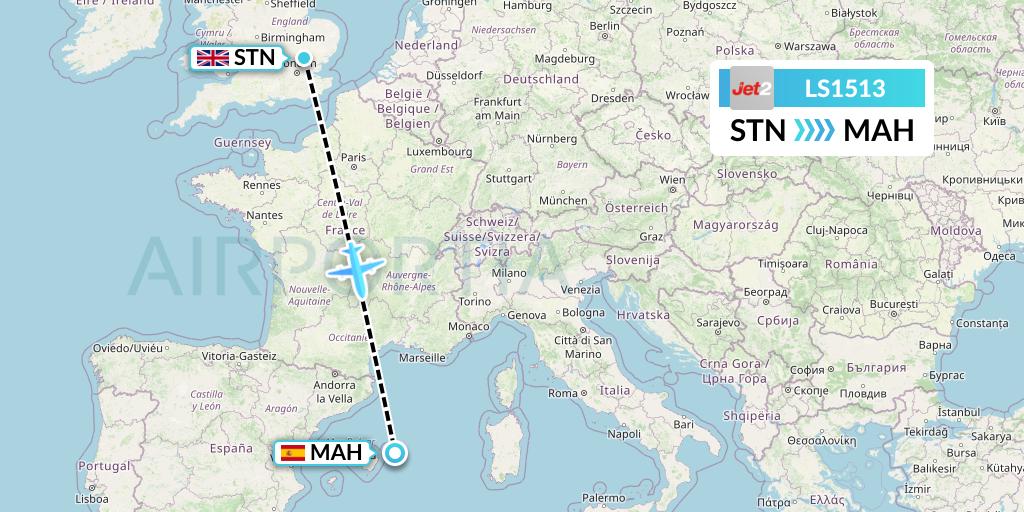 LS1513 Jet2 Flight Map: London to Mahon