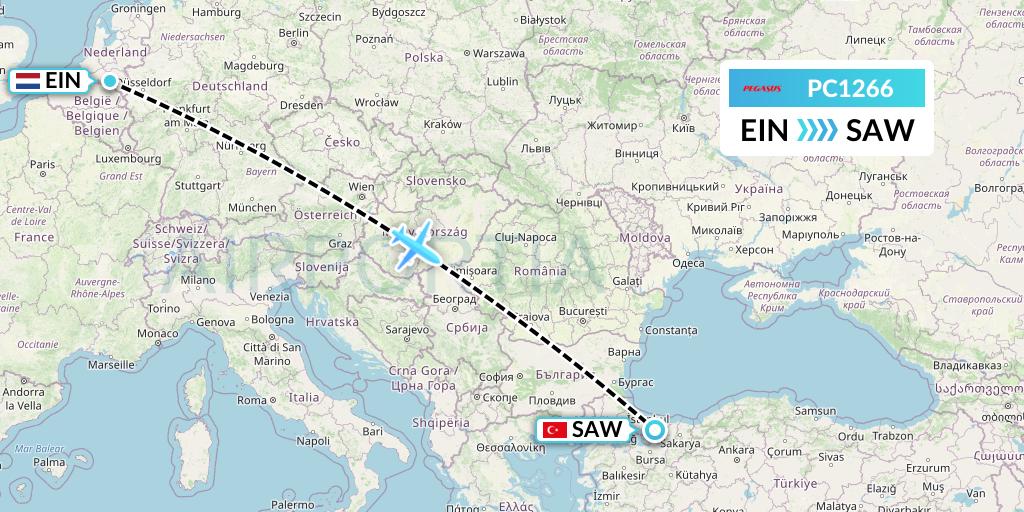 PC1266 Pegasus Airlines Flight Map: Eindhoven to Istanbul