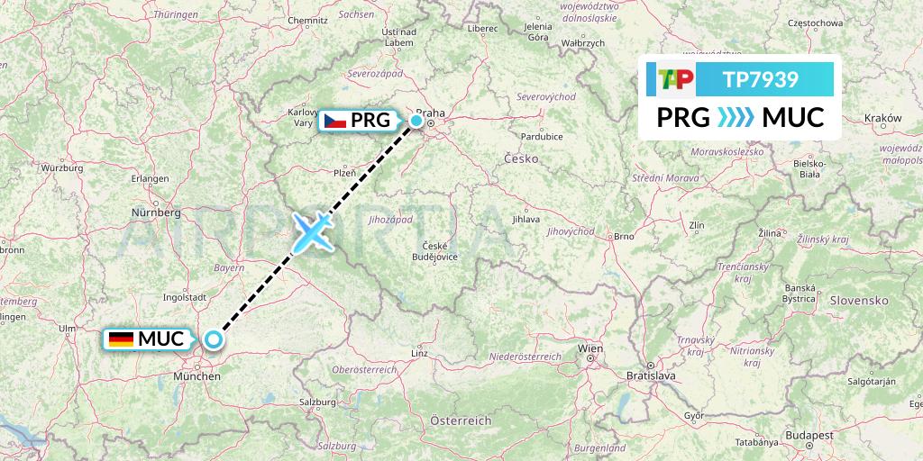 TP7939 TAP Portugal Flight Map: Prague to Munich