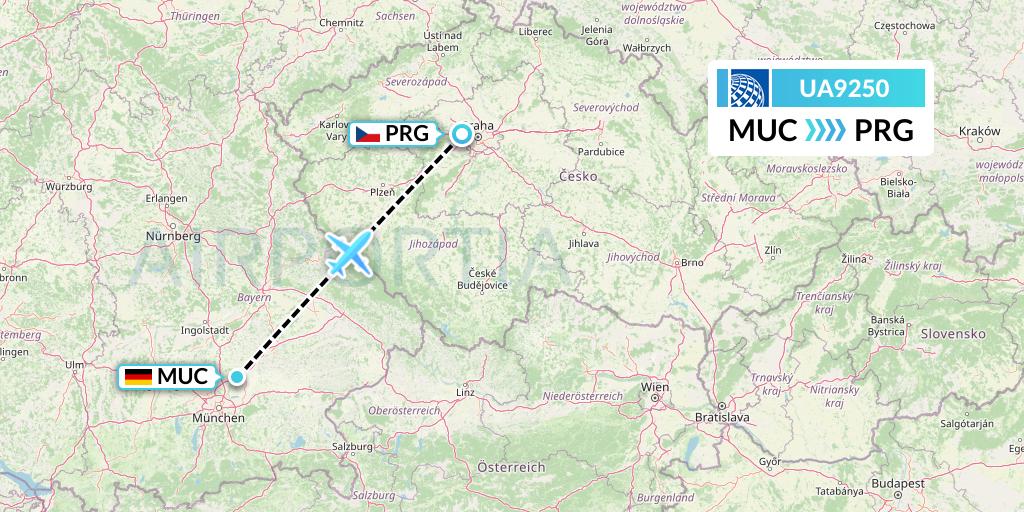 UA9250 United Airlines Flight Map: Munich to Prague