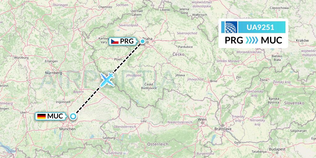 UA9251 United Airlines Flight Map: Prague to Munich
